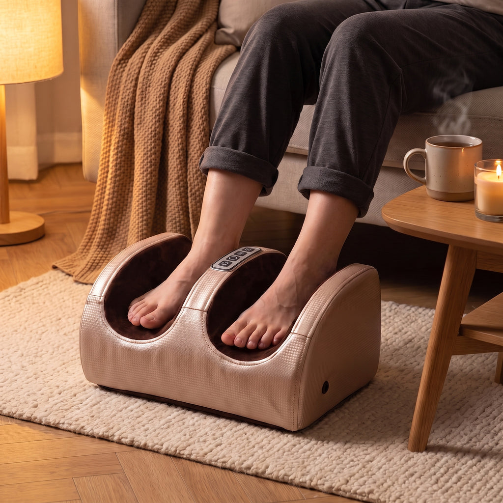 Pieds nus dans un masseur de pieds doré posé sur un tapis devant un canapé, plaid et tasse de thé, lumière du soir