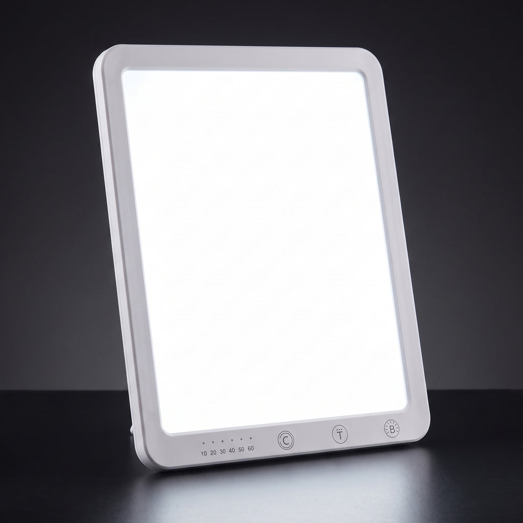Lampe lumière du jour 10 000 lux allumée, panneau LED blanc à coins arrondis avec trois touches tactiles