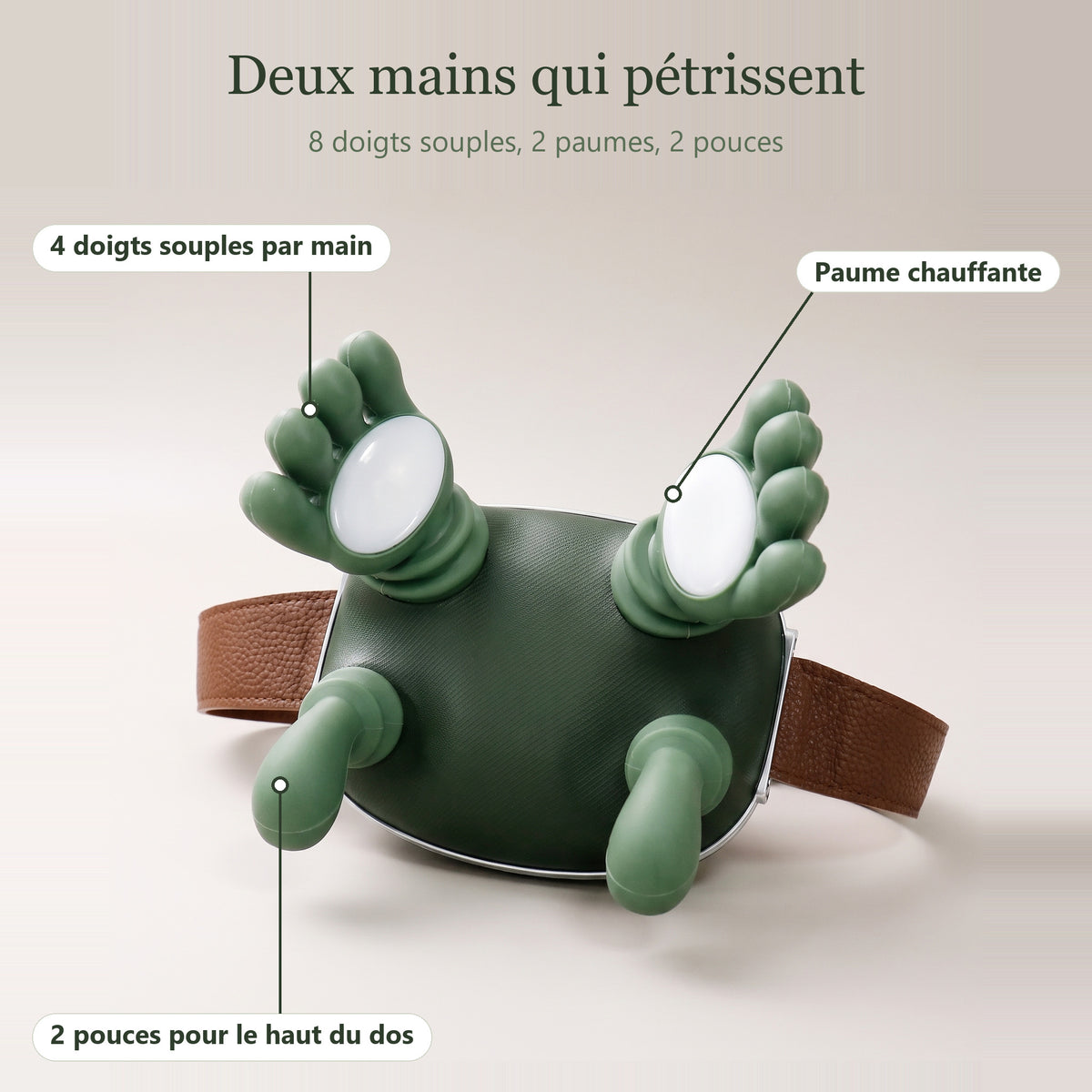 Masseur cou et épaules vert vu de face : deux mains à quatre doigts souples, paumes ovales blanches et deux pouces