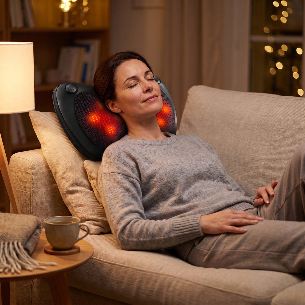 Femme détendue sur un canapé le soir, la nuque posée sur le coussin de massage shiatsu chauffant allumé