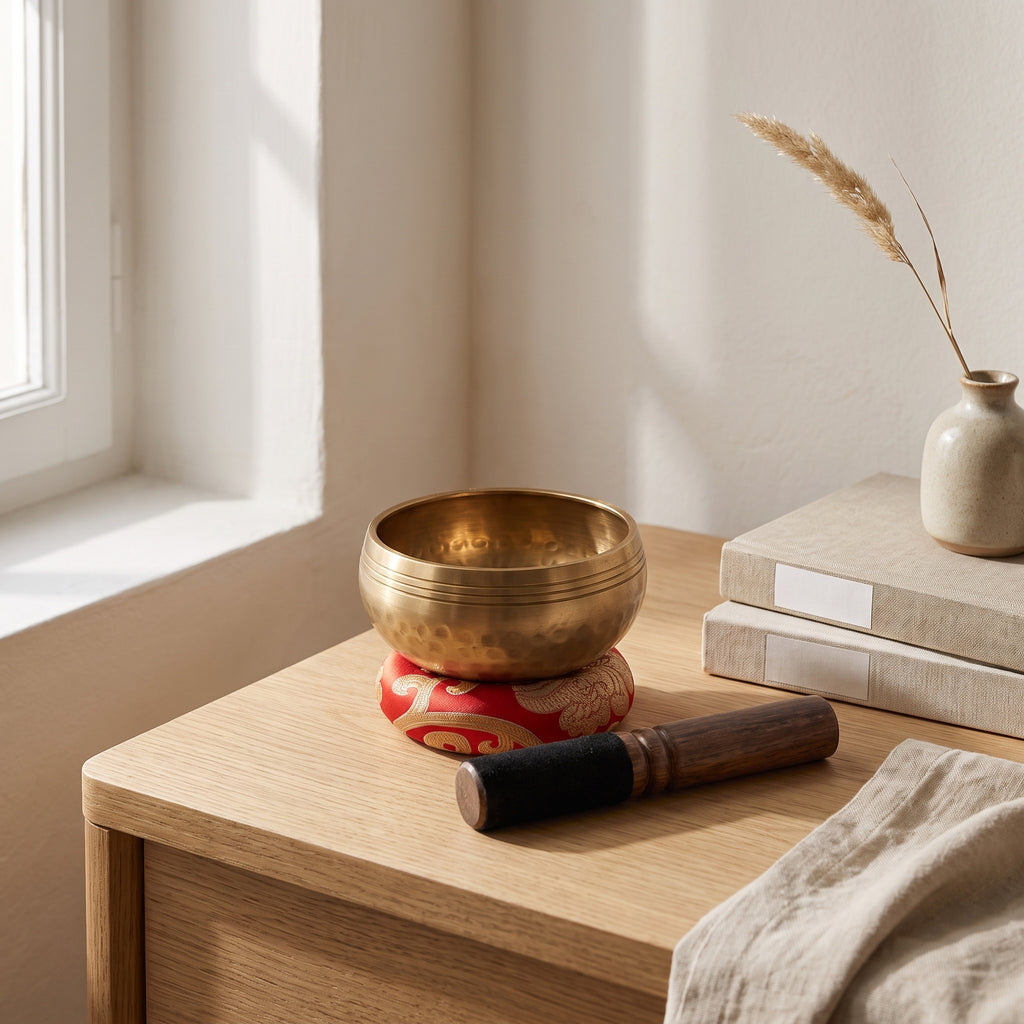 Bol chantant posé sur son coussin rouge sur une table de chevet en chêne, maillet à côté, livres et vase en céramique