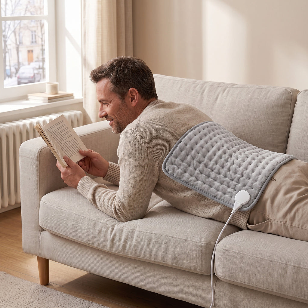 Homme allongé à plat ventre sur un canapé qui lit un livre, le coussin chauffant XL posé à plat sur son dos