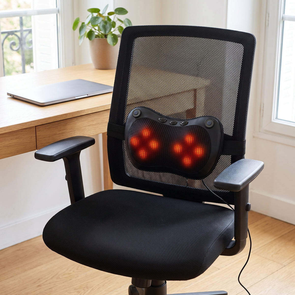 Coussin de massage shiatsu allumé, fixé par sa sangle élastique au dossier d'une chaise de bureau
