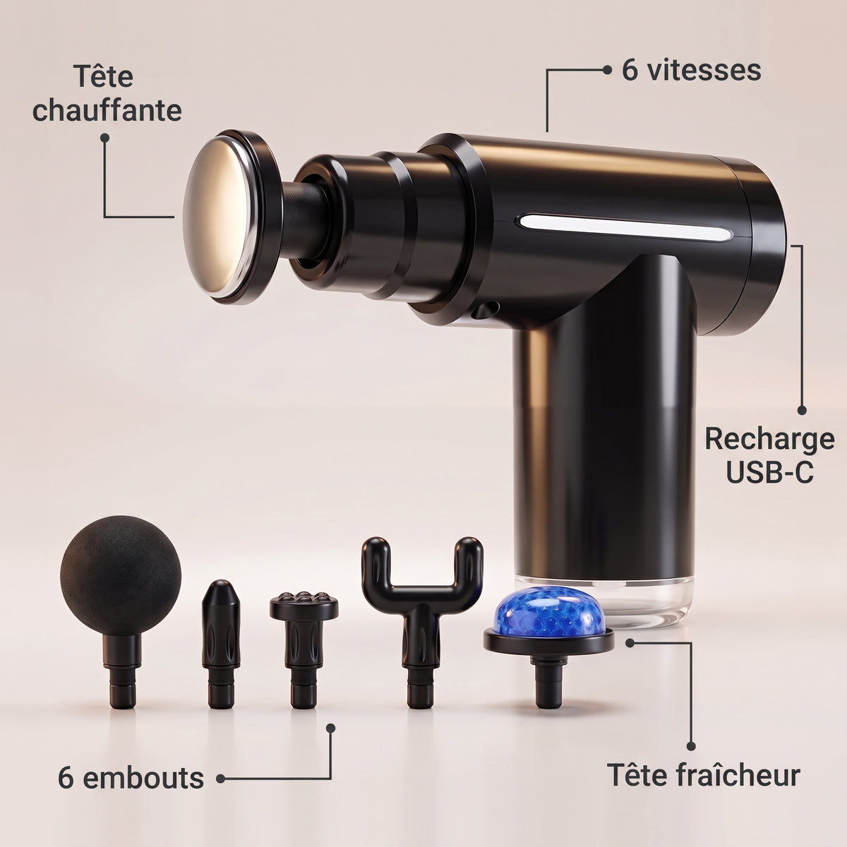 Mini pistolet de massage et ses embouts avec les mentions tête chauffante, tête fraîcheur, 6 embouts, 6 vitesses et recharge USB-C