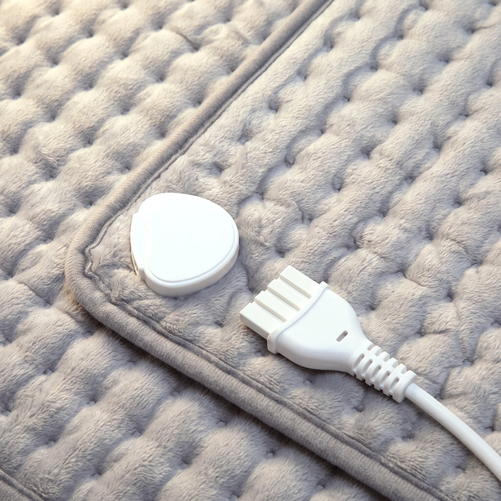 Gros plan du velours capitonné gris clair et du connecteur blanc détachable, dans le coin du coussin chauffant