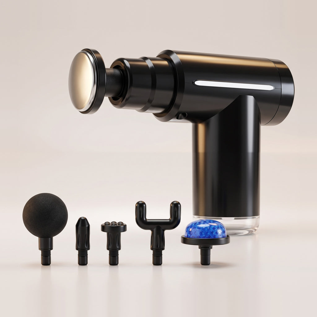 Mini pistolet de massage noir avec tête chauffante argentée montée et cinq embouts dont une tête fraîcheur bleue