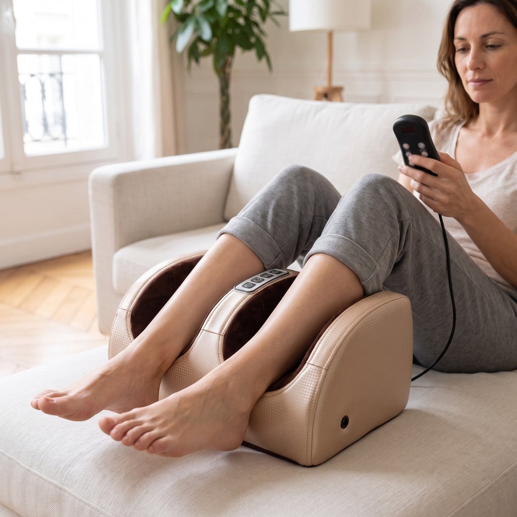 Femme assise dans un canapé, mollets posés dans un masseur pieds et mollets doré, télécommande filaire en main