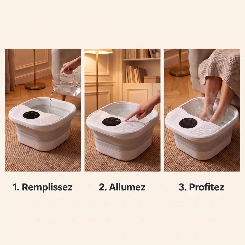 Mode d'emploi du bain de pieds en 3 étapes : remplir d'eau tiède, allumer, poser les pieds