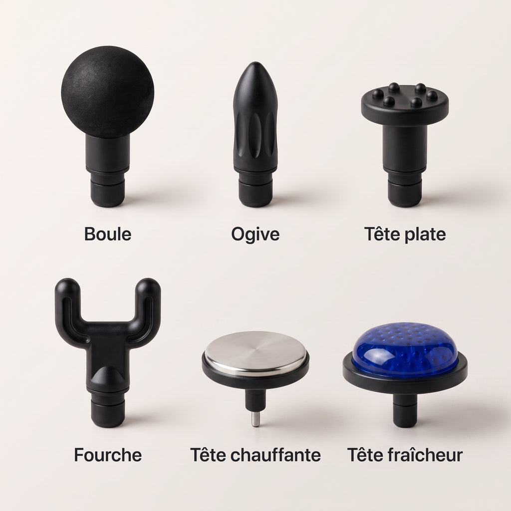 Les six embouts du mini pistolet de massage : boule, ogive, tête plate, fourche, tête chauffante et tête fraîcheur