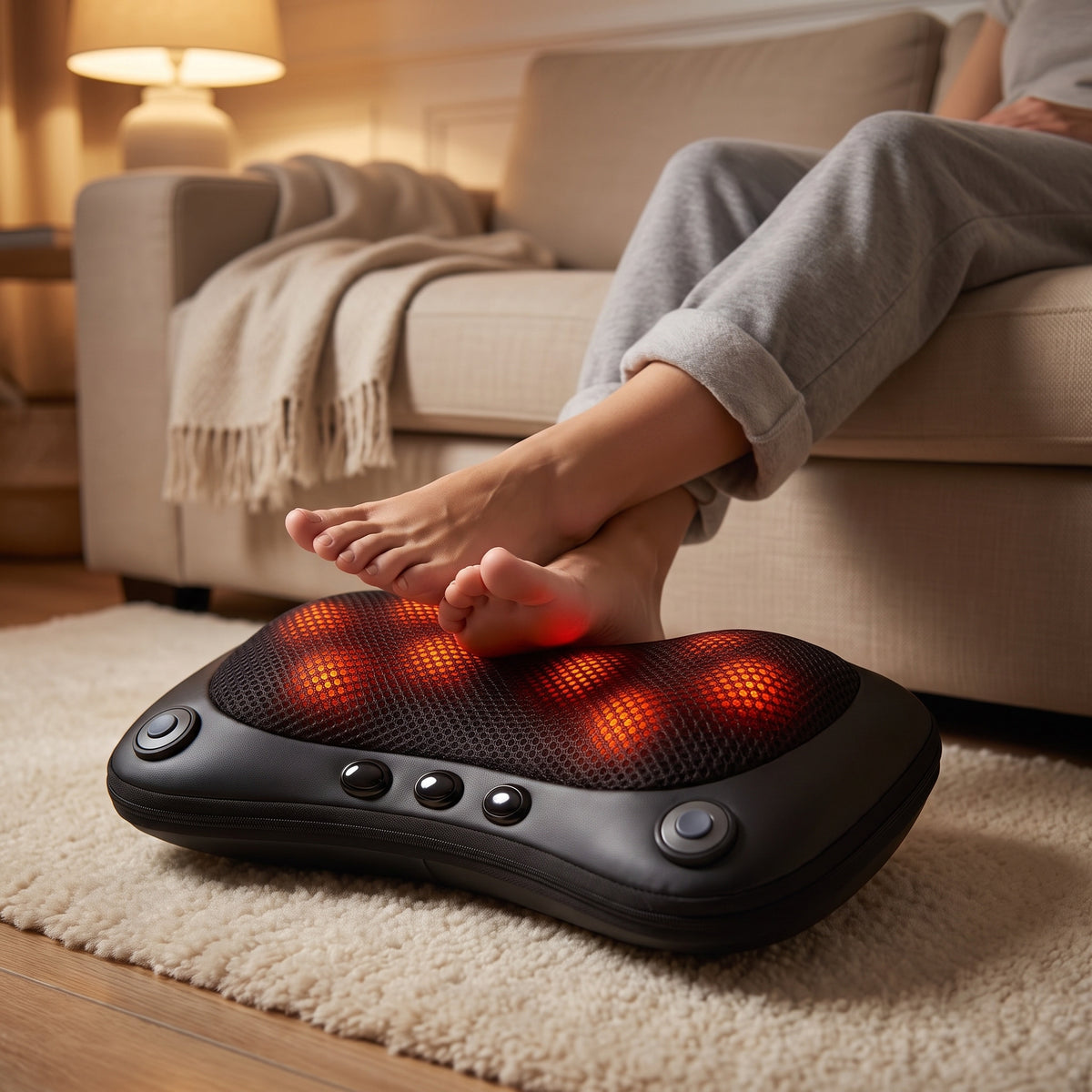 Pieds posés sur le coussin de massage shiatsu chauffant allumé, à plat sur un tapis devant le canapé