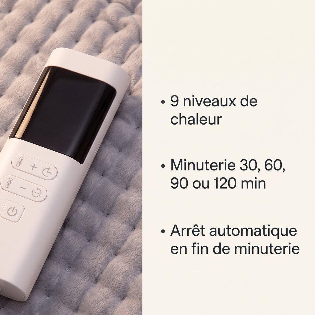 Commande du coussin chauffant : 9 niveaux de chaleur, minuterie 30, 60, 90 ou 120 minutes, arrêt automatique en fin de minuterie