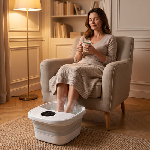 Femme assise dans un fauteuil avec un plaid et une tisane, les pieds dans un bain de pieds chauffant à bulles