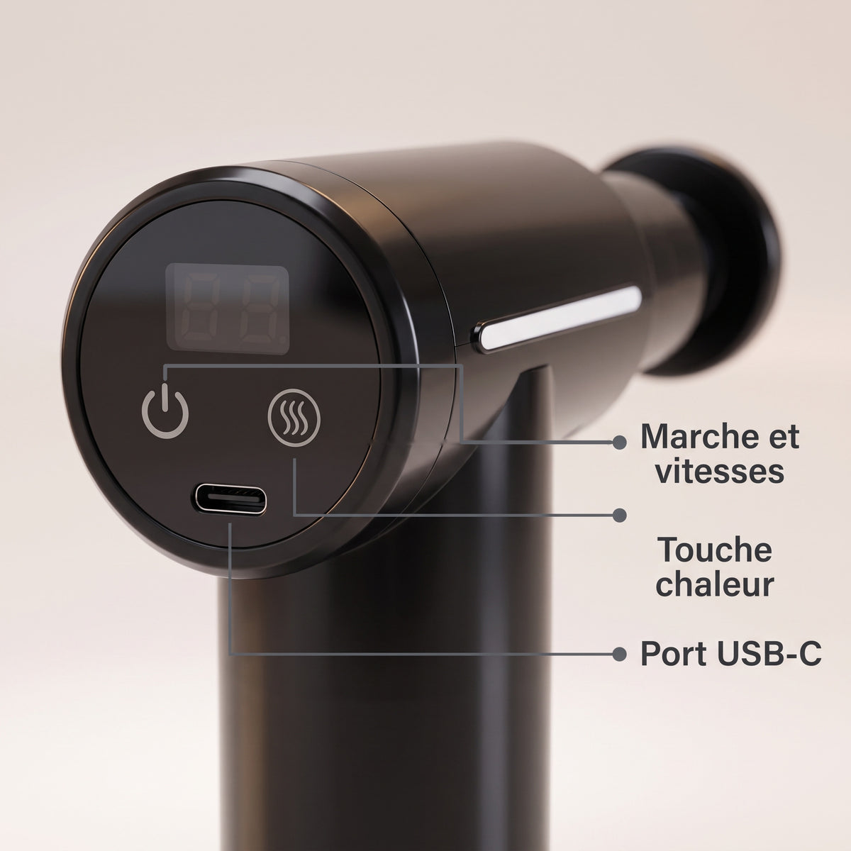 Écran tactile arrière du mini pistolet de massage avec touche marche, touche chaleur et port USB-C