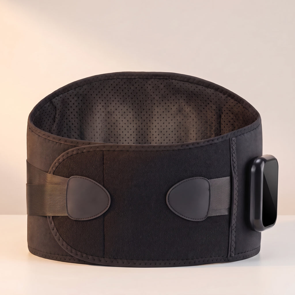 Ceinture chauffante noire fermée, doublure en maille respirante, boîtier de commande sur le côté