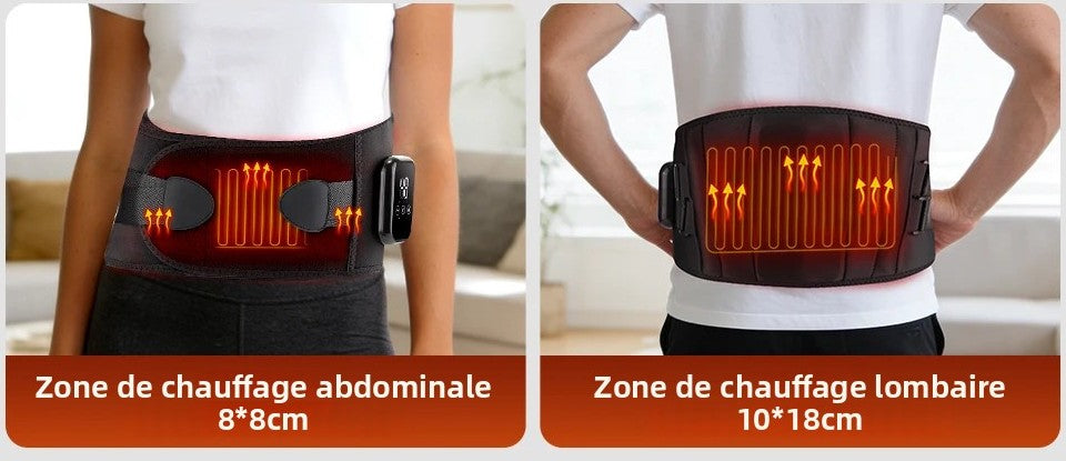 Ceinture portée sur le ventre et dans le bas du dos, avec les zones de chauffe indiquées par le fabricant