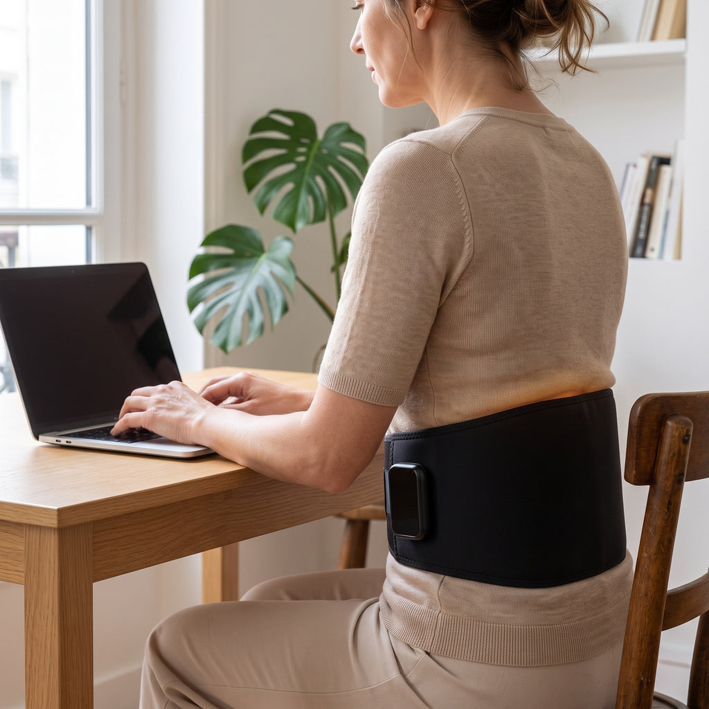 Ceinture chauffante portée au bureau sous un pull, boîtier de commande sur la hanche