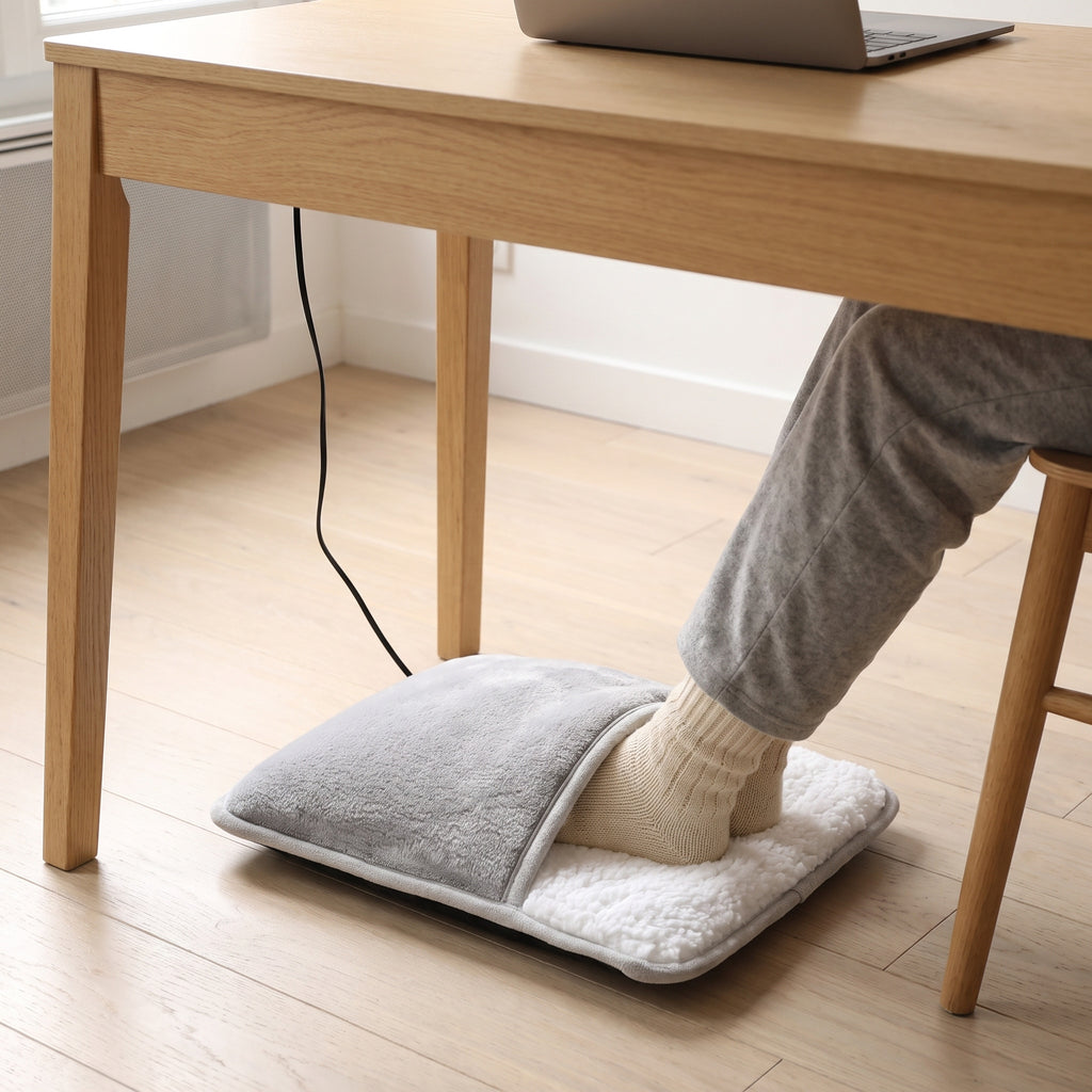 Chauffe-pieds sous un bureau, deux pieds en chaussettes glissés dedans, câble USB relié à l'ordinateur