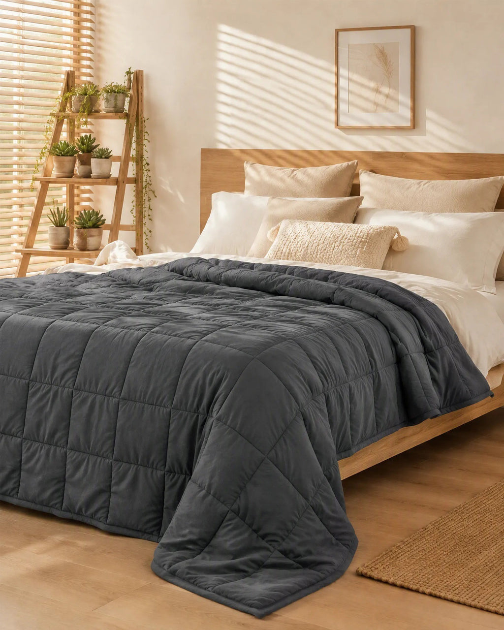 Couverture lestée gris anthracite étalée sur un lit dans une chambre lumineuse