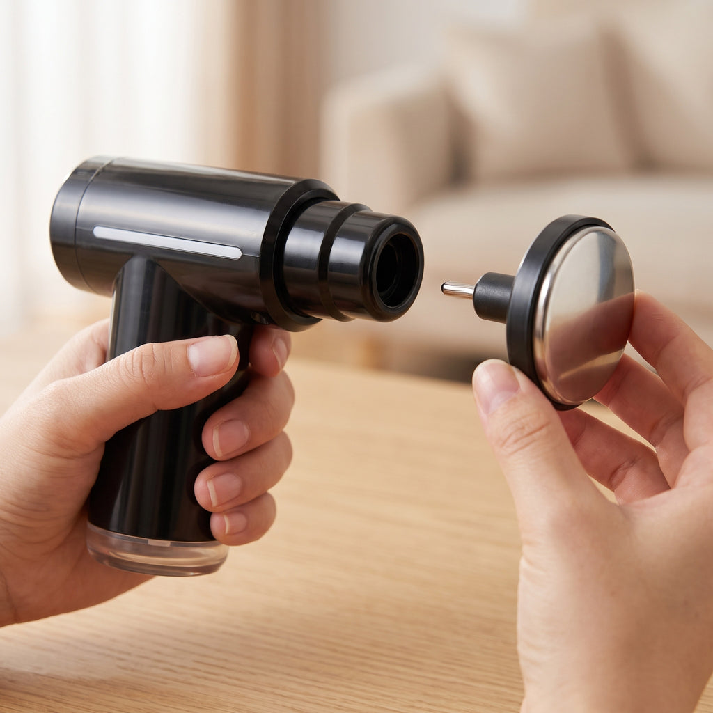 Mains qui enfoncent la tête chauffante et sa broche métallique dans le canon du mini pistolet de massage