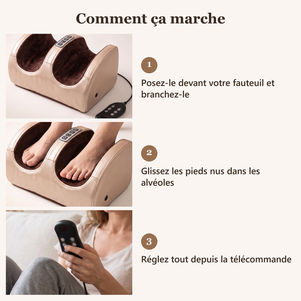 Mode d'emploi en trois étapes du masseur pieds et mollets : poser et brancher, glisser les pieds, régler à la télécommande