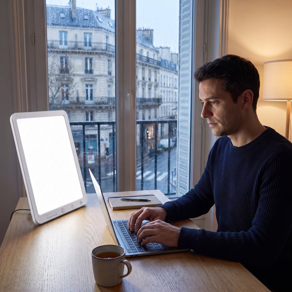 Lampe lumière du jour posée à gauche d'un ordinateur portable, en télétravail un après-midi de pluie