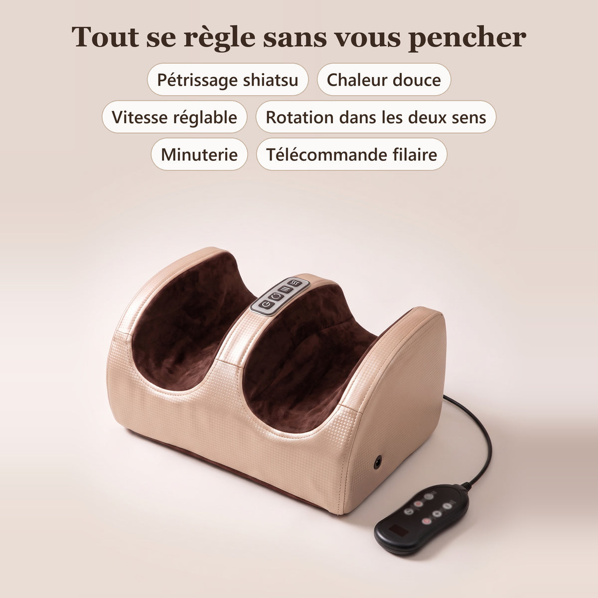 Masseur pieds et mollets doré champagne et sa télécommande filaire, avec ses fonctions : pétrissage shiatsu, chaleur douce, vitesse réglable, rotation dans les deux sens, minuterie