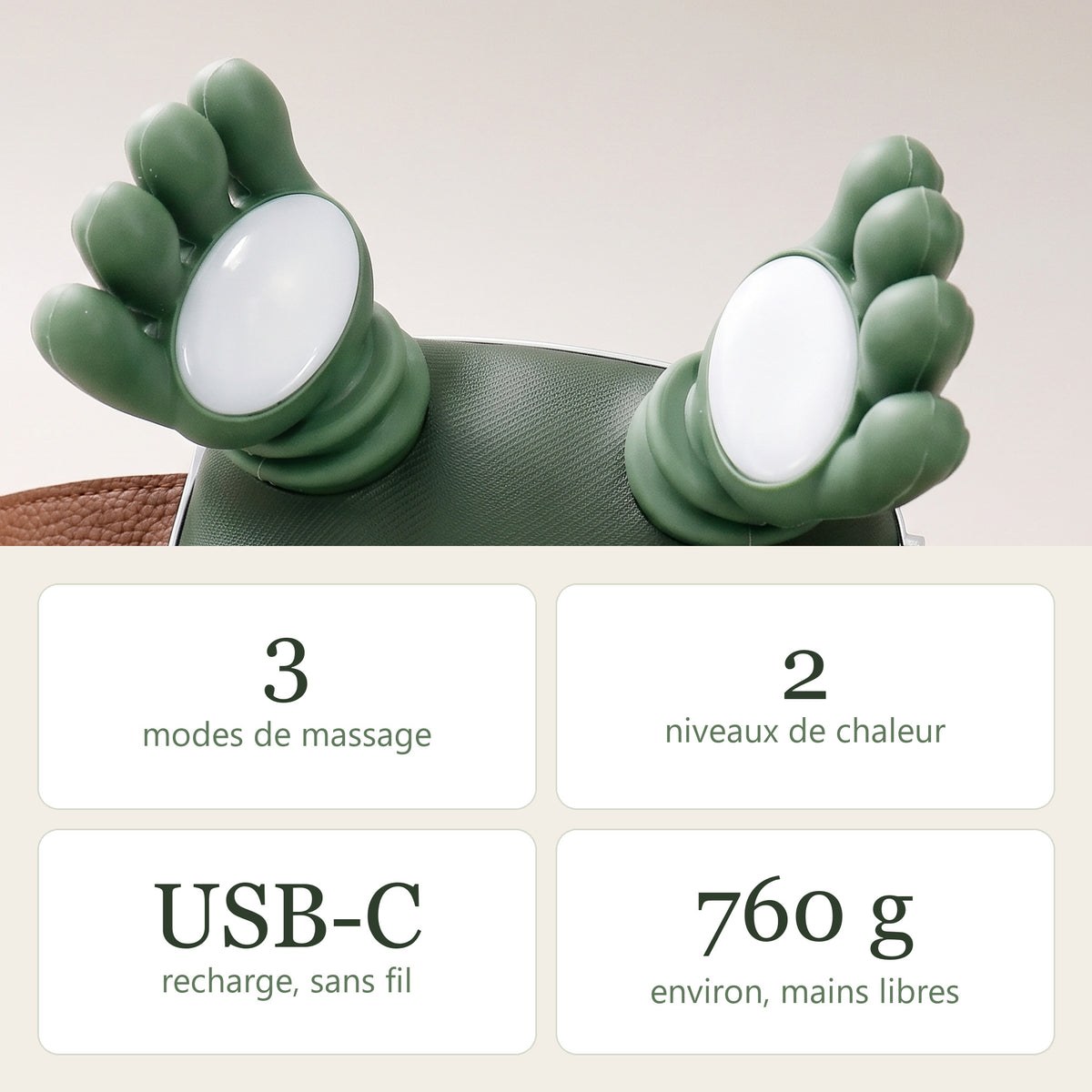 Masseur cou et épaules : 3 modes de massage, 2 niveaux de chaleur, recharge USB-C sans fil, environ 760 g
