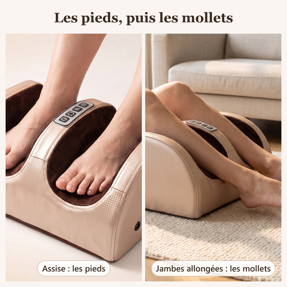 Deux positions du masseur : pieds nus dans les alvéoles, puis bas des mollets posés dedans, jambes allongées