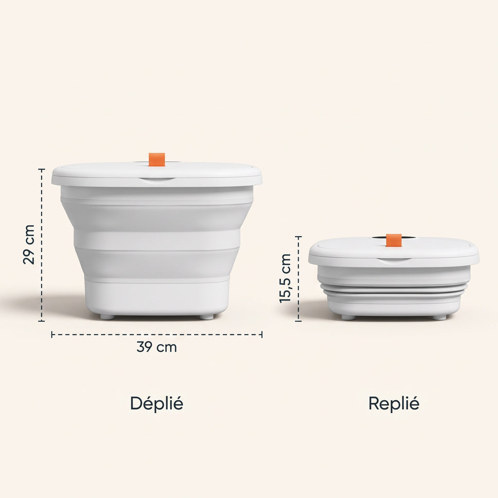 Dimensions du bain de pieds : 39 cm de large et 29 cm de haut déplié, 15,5 cm de haut replié