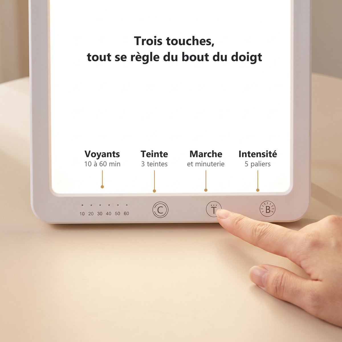 Touches C, T et B et voyants de minuterie de 10 à 60 minutes d'une lampe lumière du jour, doigt sur la touche T