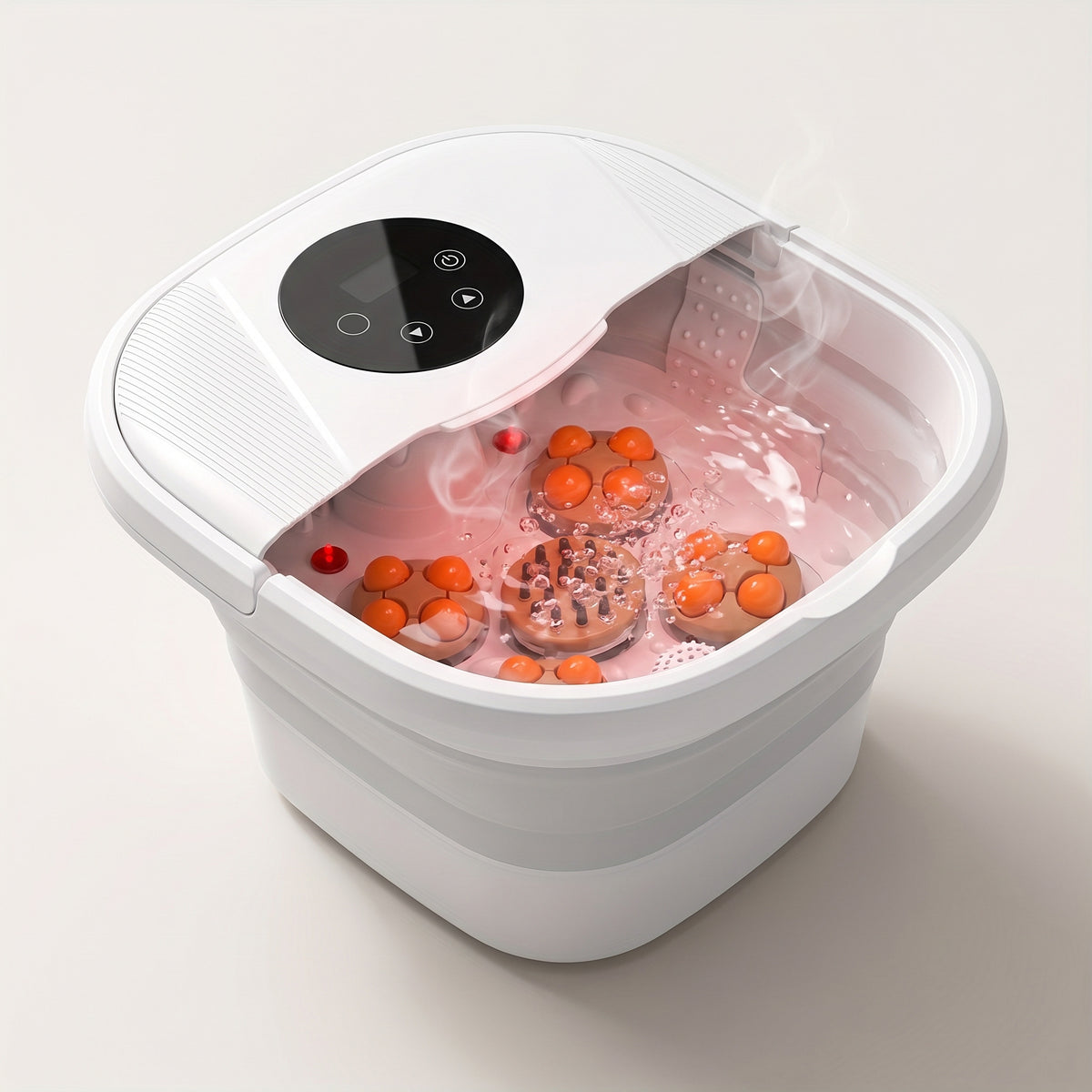 Bain de pieds pliable blanc rempli d'eau chaude, avec bulles et plateaux de massage à boules orange