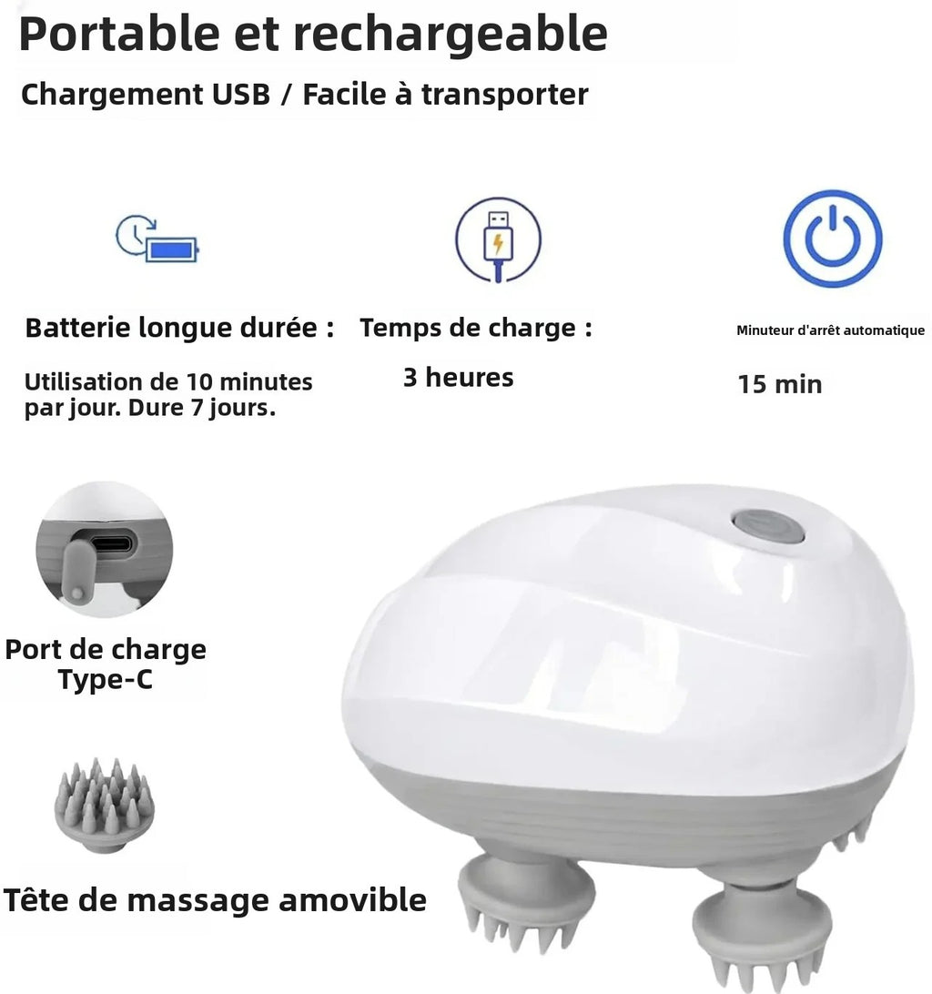 Masseur de cuir chevelu rechargeable, port USB-C sous cache, tête de massage amovible