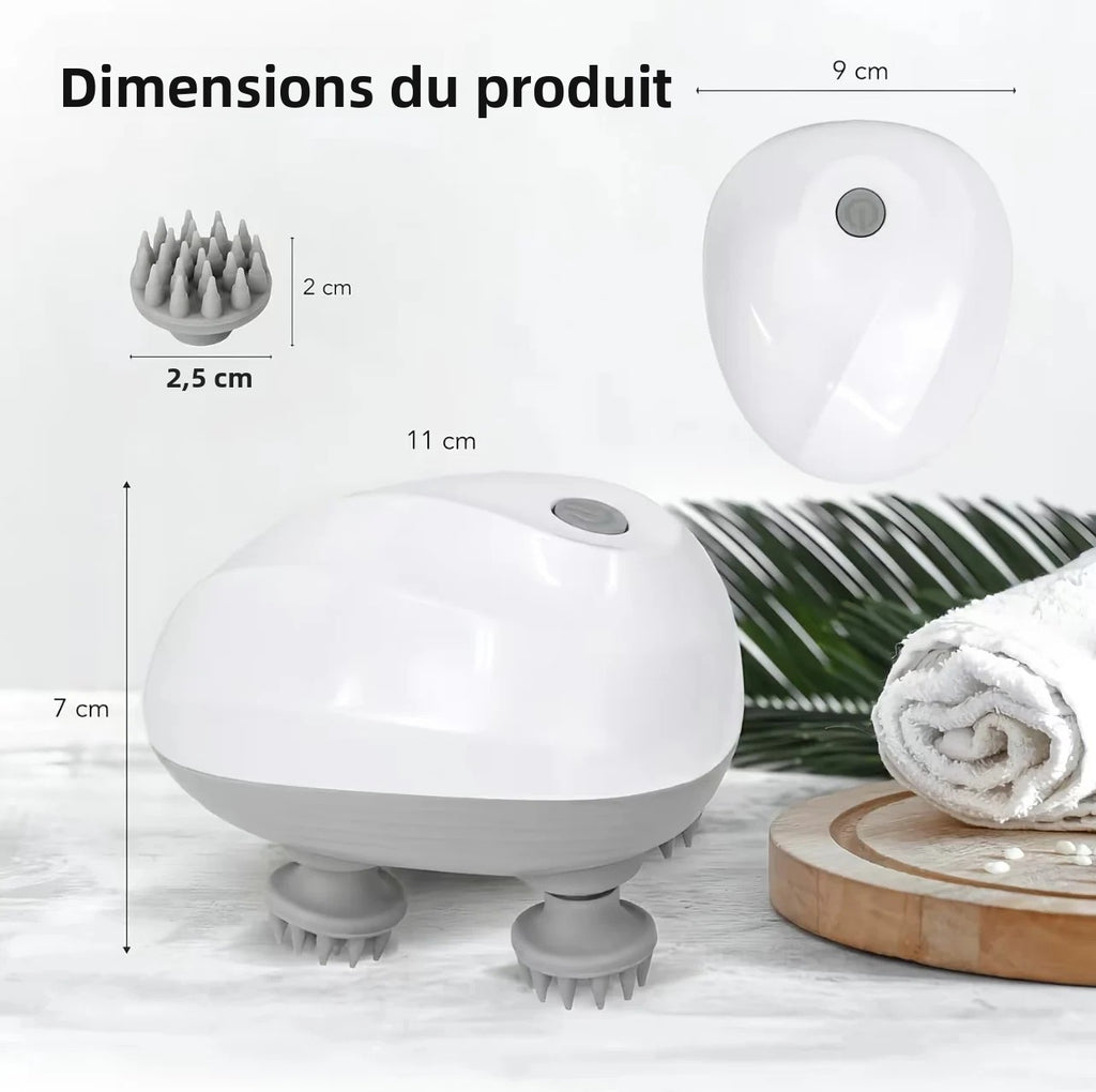 Dimensions du masseur de cuir chevelu : 11 cm de long, 9 cm de large, 7 cm de haut