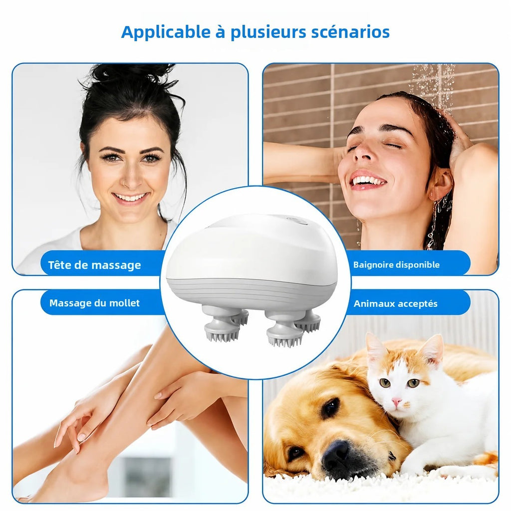 Quatre usages du masseur électrique : tête, douche, mollets, animaux