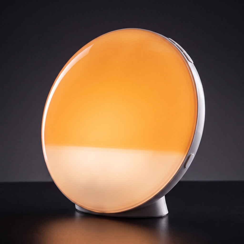Réveil simulateur d'aube allumé en lumière chaude orangée, sur fond sombre