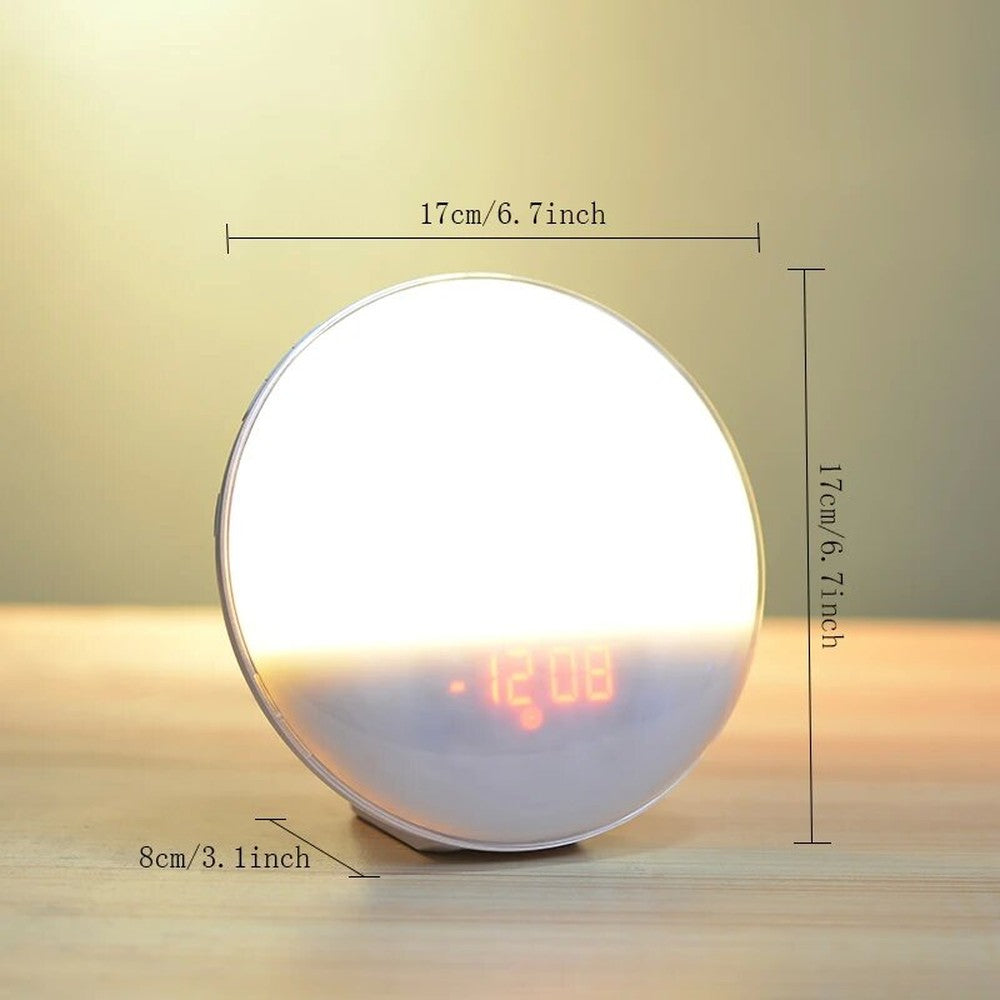 Dimensions du réveil lumineux : 17 cm de haut, 17 cm de large, 8 cm de profondeur