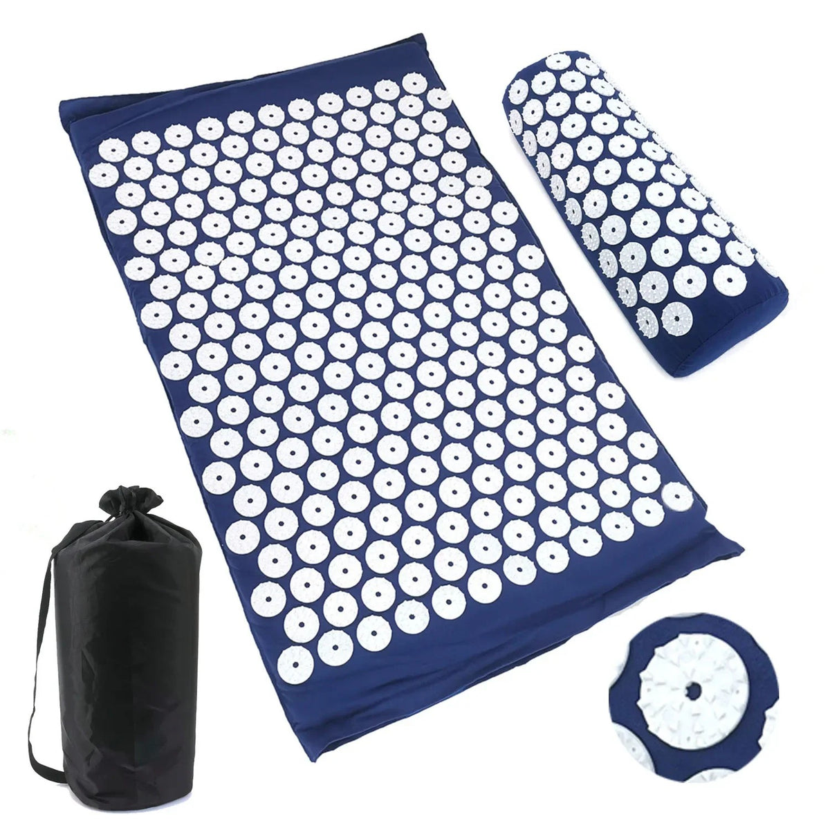 Tapis d'acupression bleu nuit, son coussin pour la nuque et son sac de rangement noir à cordon