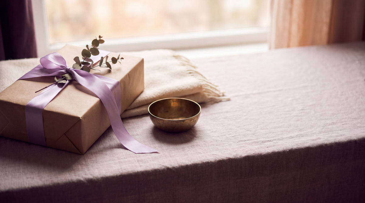 Paquet cadeau en papier kraft noué d’un ruban lilas, plaid et bol en laiton