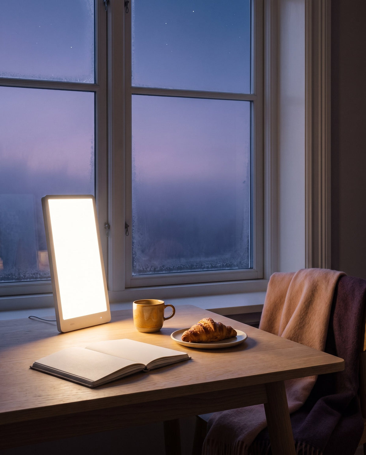 Lampe de luminothérapie allumée sur la table du petit-déjeuner avant l’aube