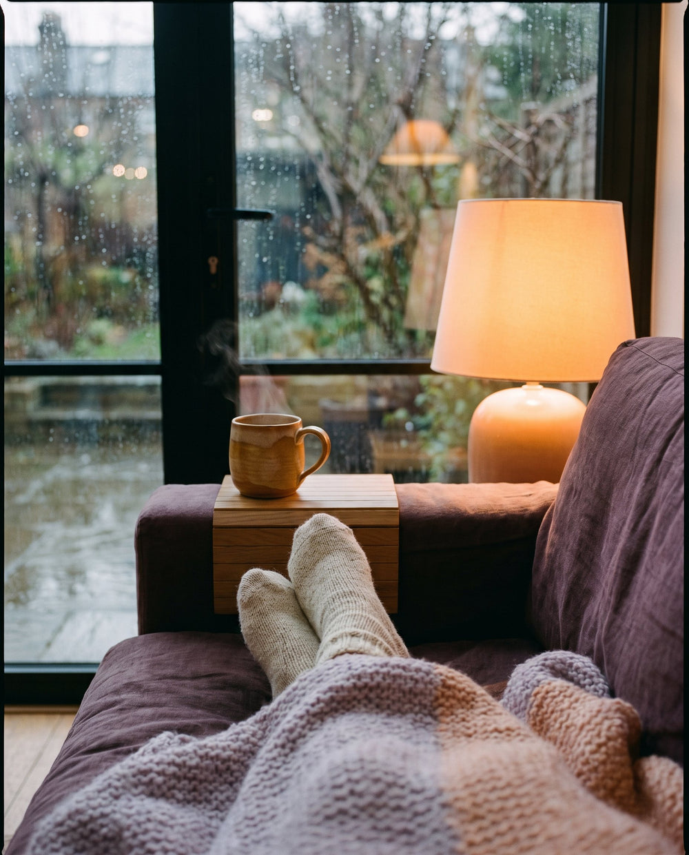 Pieds en chaussettes de laine sous un plaid, lampe allumée un soir de pluie